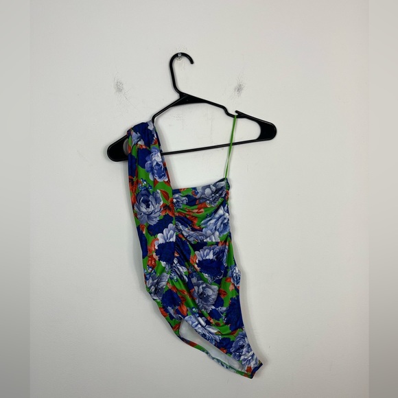 NWT Zara One Sleeve Floral Asymmetric Bodysuit Sz S - Picture 4 of 9